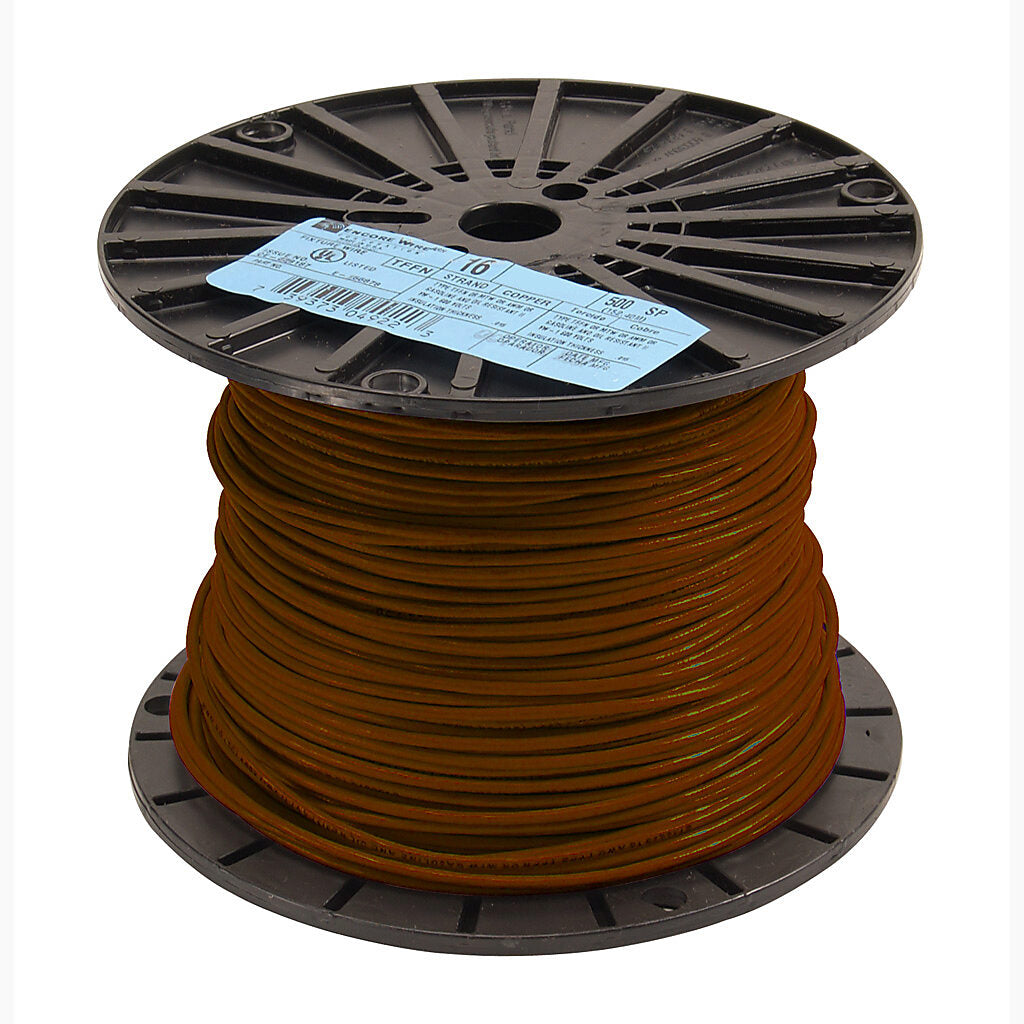 Atlas Wire TFFN building wire, single conductor, 18 AWG, 16-stranded, bare copper, PVC conductor insulation material, brown, nylon jacket, clear, 600V, 500ft spool.-TFFN18BN