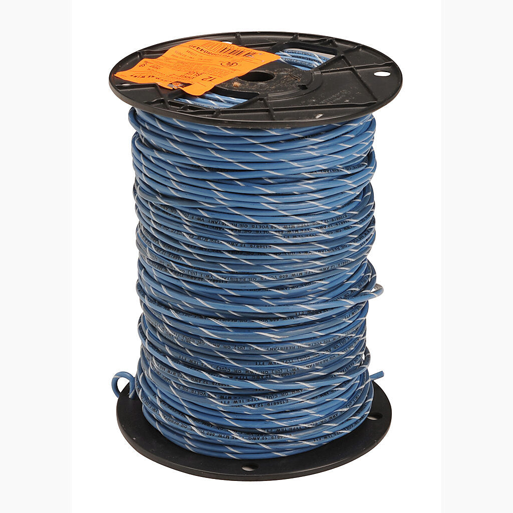 Atlas Wire TFFN building wire, single conductor, 18 AWG, 16-stranded, bare copper, PVC conductor insulation material, blue with white stripe, nylon jacket, clear, 600V, 500ft spool.-TFFN18BW