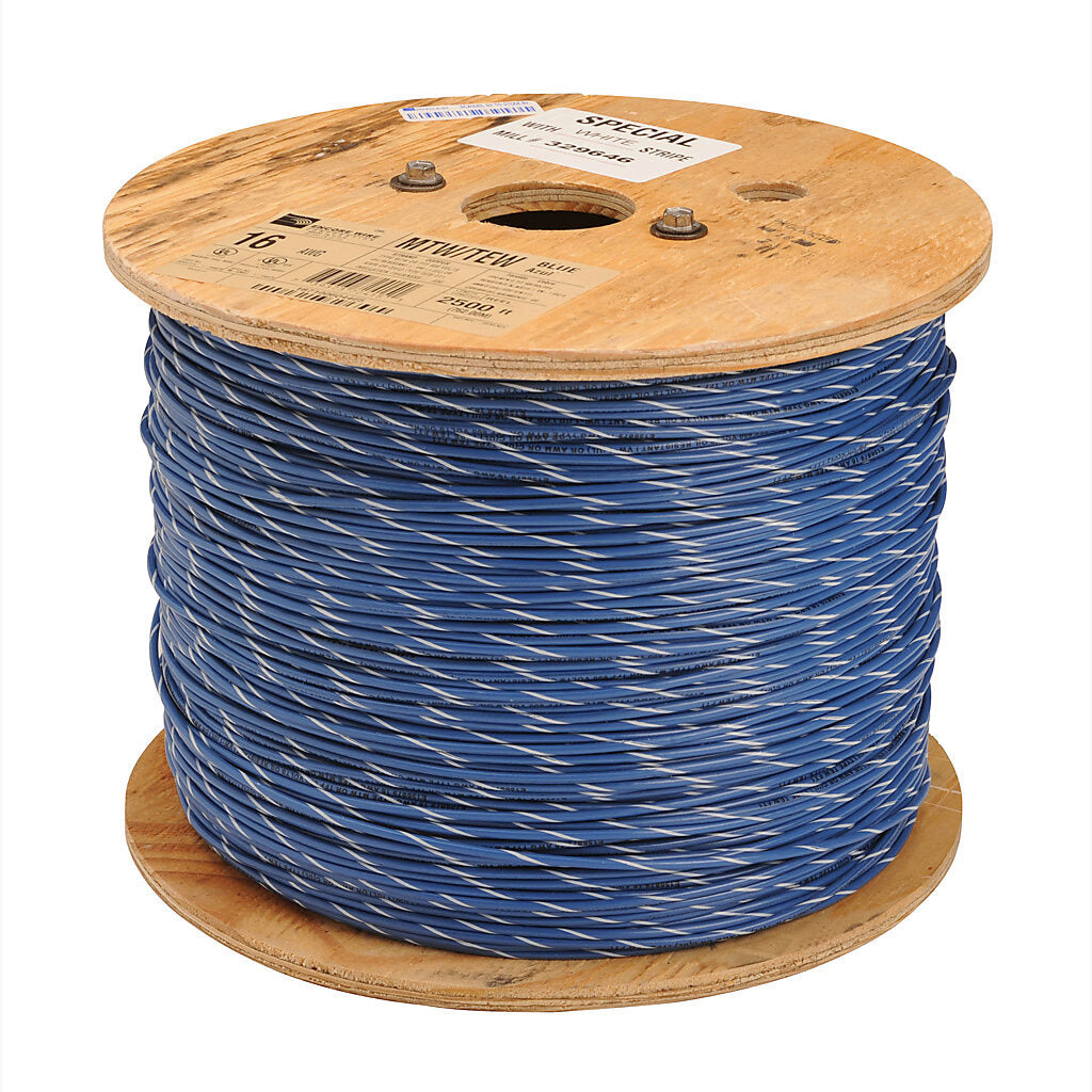 Atlas Wire TFFN building wire, single conductor, 18 AWG, 16-stranded, bare copper, PVC conductor insulation material, blue with white stripe, nylon jacket, clear, 600V, 2500ft reel.-TFFN18BW25