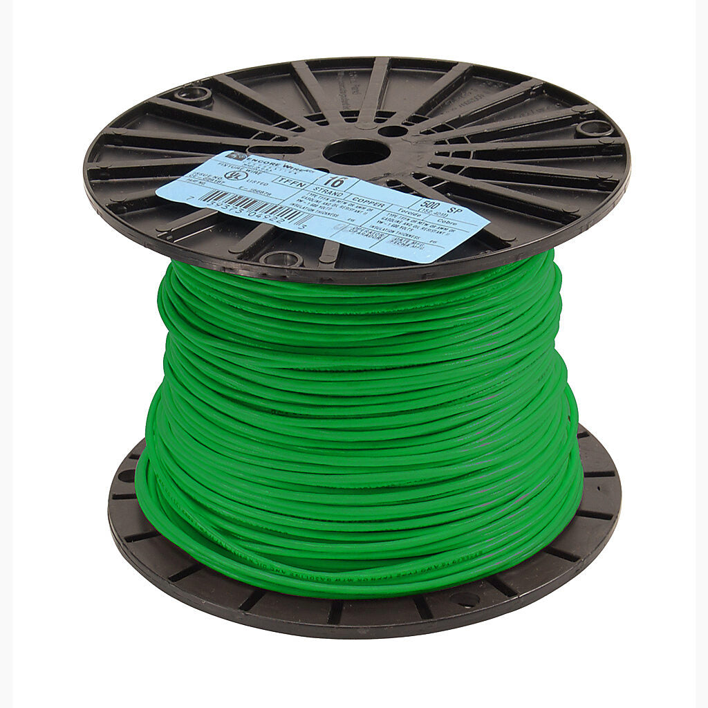 Atlas Wire TFFN building wire, single conductor, 18 AWG, 16-stranded, bare copper, PVC conductor insulation material, green, nylon jacket, clear, 600V, 500ft spool.-TFFN18GN