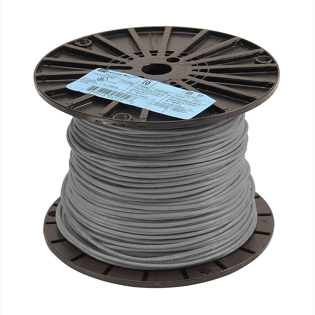 Atlas Wire TFFN building wire, single conductor, 18 AWG, 16-stranded, bare copper, PVC conductor insulation material, gray, nylon jacket, clear, 600V, 500ft spool.-TFFN18GY
