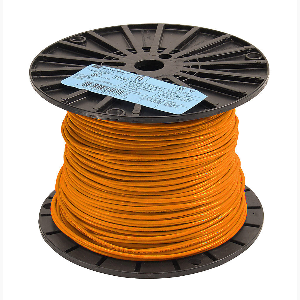 Atlas Wire TFFN building wire, single conductor, 18 AWG, 16-stranded, bare copper, PVC conductor insulation material, orange, nylon jacket, clear, 600V, 500ft spool.-TFFN18OR