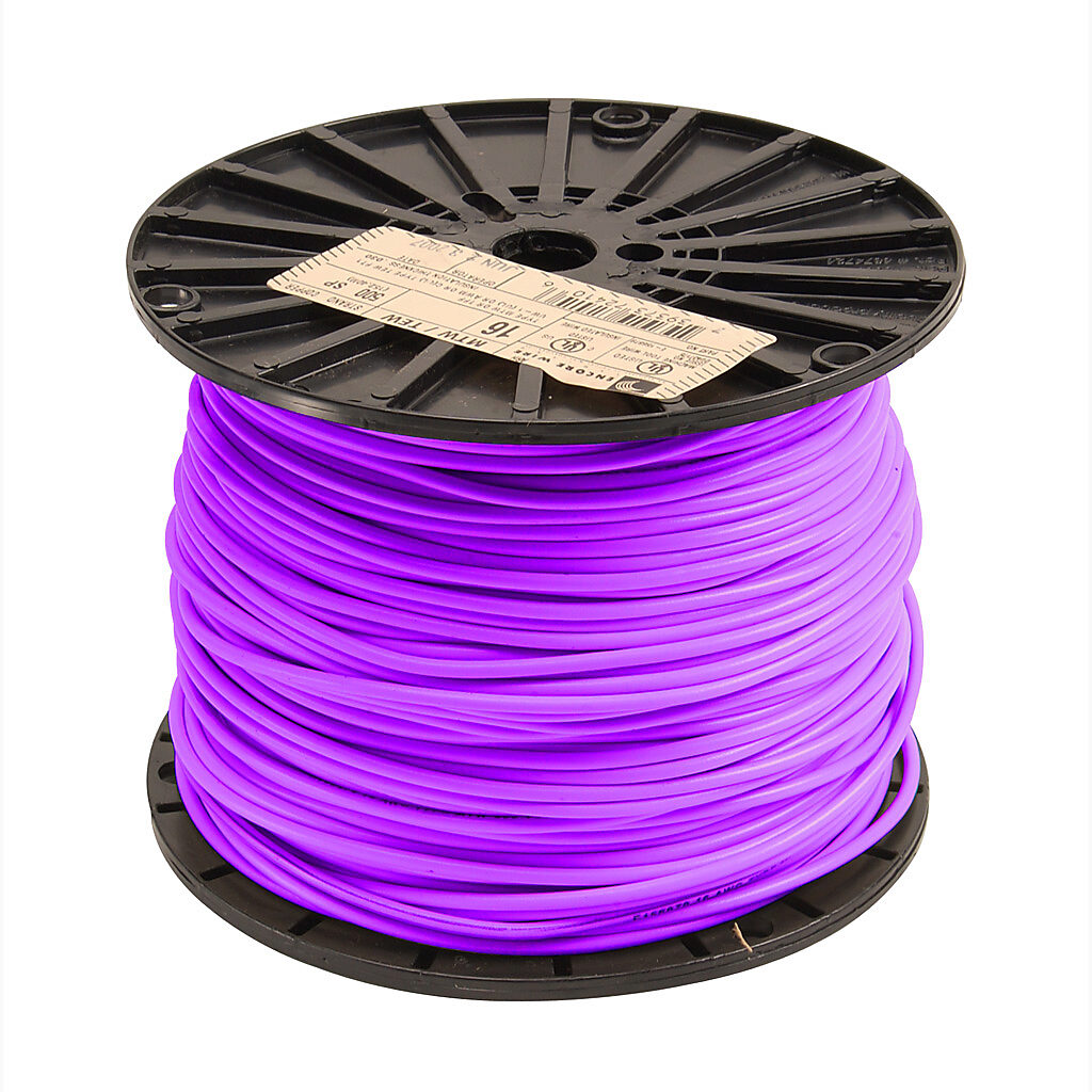Atlas Wire TFFN building wire, single conductor, 18 AWG, 16-stranded, bare copper, PVC conductor insulation material, purple, nylon jacket, clear, 600V, 500ft spool.-TFFN18PL