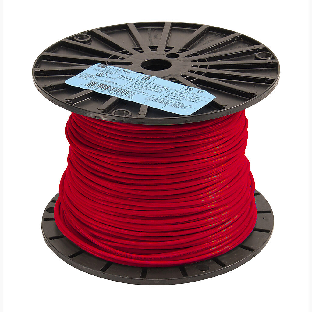 Atlas Wire TFFN building wire, single conductor, 18 AWG, 16-stranded, bare copper, PVC conductor insulation material, red, nylon jacket, clear, 600V, 500ft spool.-TFFN18RD