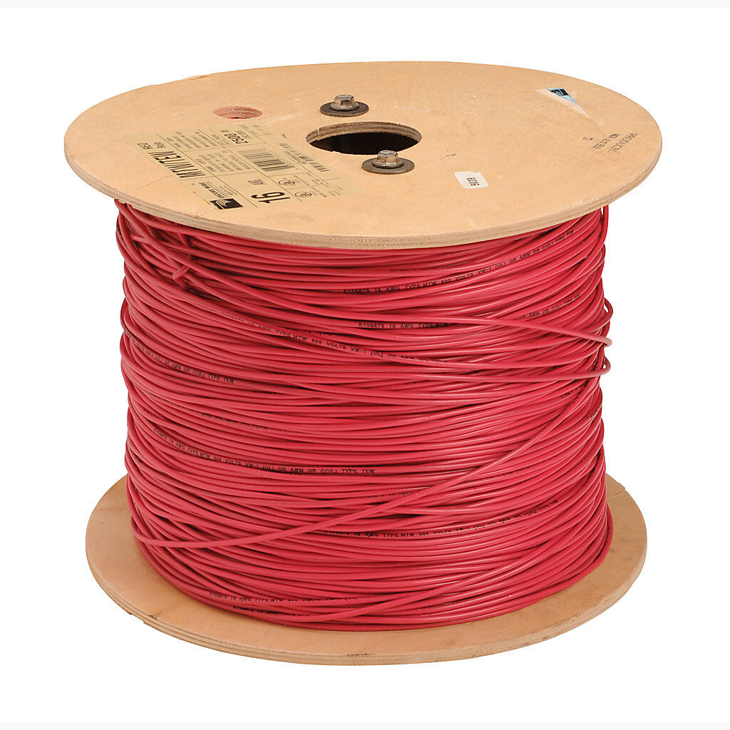 Atlas Wire TFFN building wire, single conductor, 18 AWG, 16-stranded, bare copper, PVC conductor insulation material, red, nylon jacket, clear, 600V, 2500ft reel.-TFFN18RD25