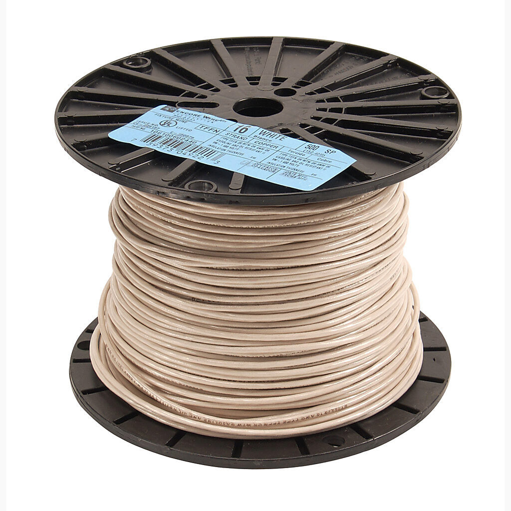Atlas Wire TFFN building wire, single conductor, 18 AWG, 16-stranded, bare copper, PVC conductor insulation material, white, nylon jacket, clear, 600V, 500ft spool.-TFFN18WH