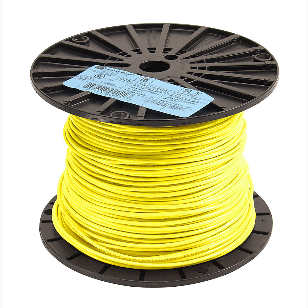 Atlas Wire TFFN building wire, single conductor, 18 AWG, 16-stranded, bare copper, PVC conductor insulation material, yellow, nylon jacket, clear, 600V, 500ft spool.-TFFN18YL