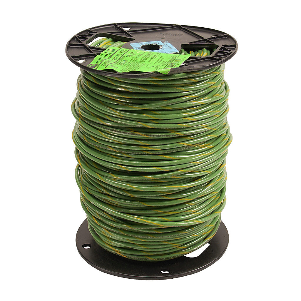 Atlas Wire THHN building wire, single conductor, 10 AWG, 19-stranded, bare copper, PVC conductor insulation material, green with yellow stripe, nylon jacket, clear, 600V, 500ft spool.-THHN10GYL