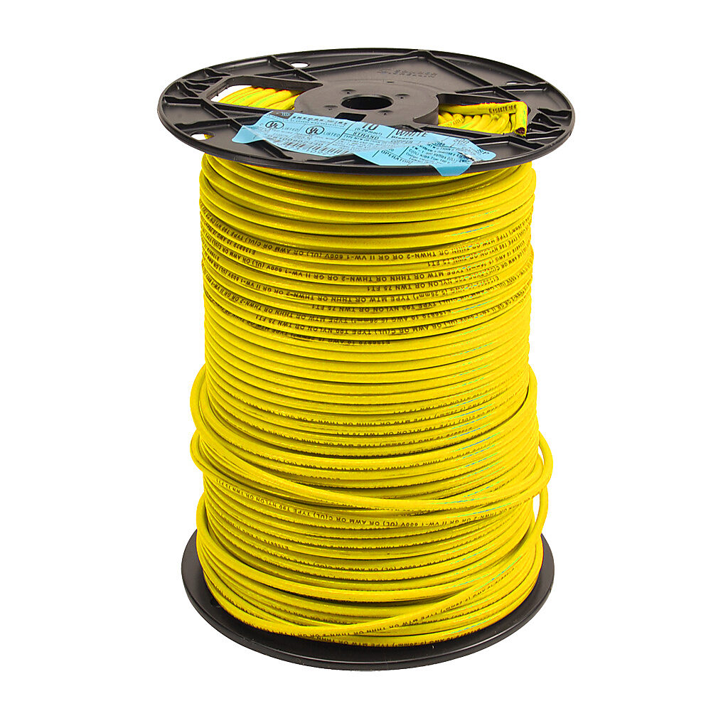 Atlas Wire THHN building wire, single conductor, 10 AWG, 19-stranded, bare copper, PVC conductor insulation material, yellow, nylon jacket, clear, 600V, 500ft spool.-THHN10YL