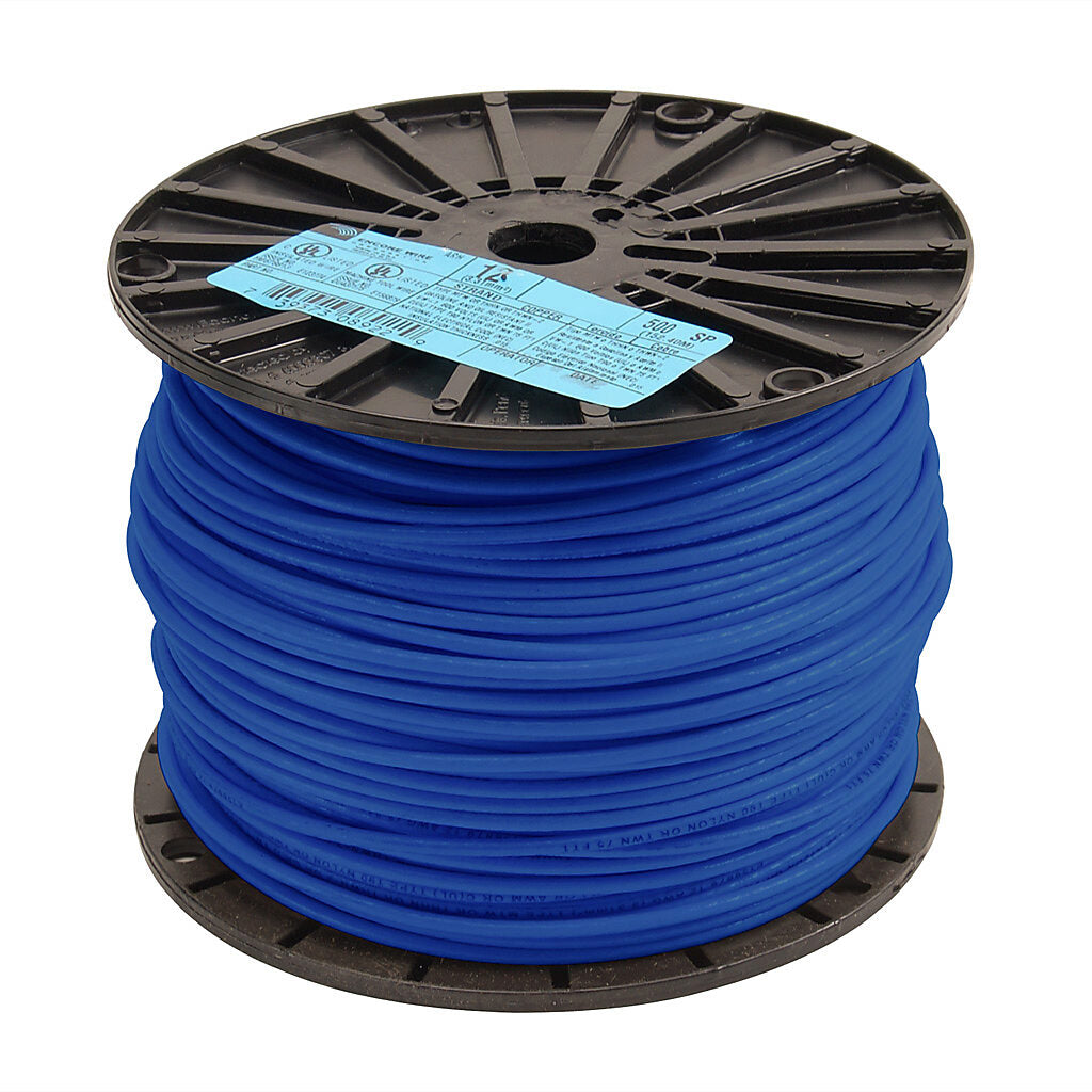 Atlas Wire THHN building wire, single conductor, 12 AWG, 19-stranded, bare copper, PVC conductor insulation material, blue, nylon jacket, clear, 600V, 500ft spool.-THHN12BL