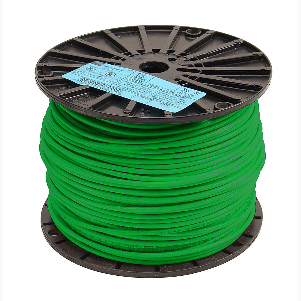 Atlas Wire THHN building wire, single conductor, 12 AWG, 19-stranded, bare copper, PVC conductor insulation material, green, nylon jacket, clear, 600V, 500ft spool.-THHN12GN