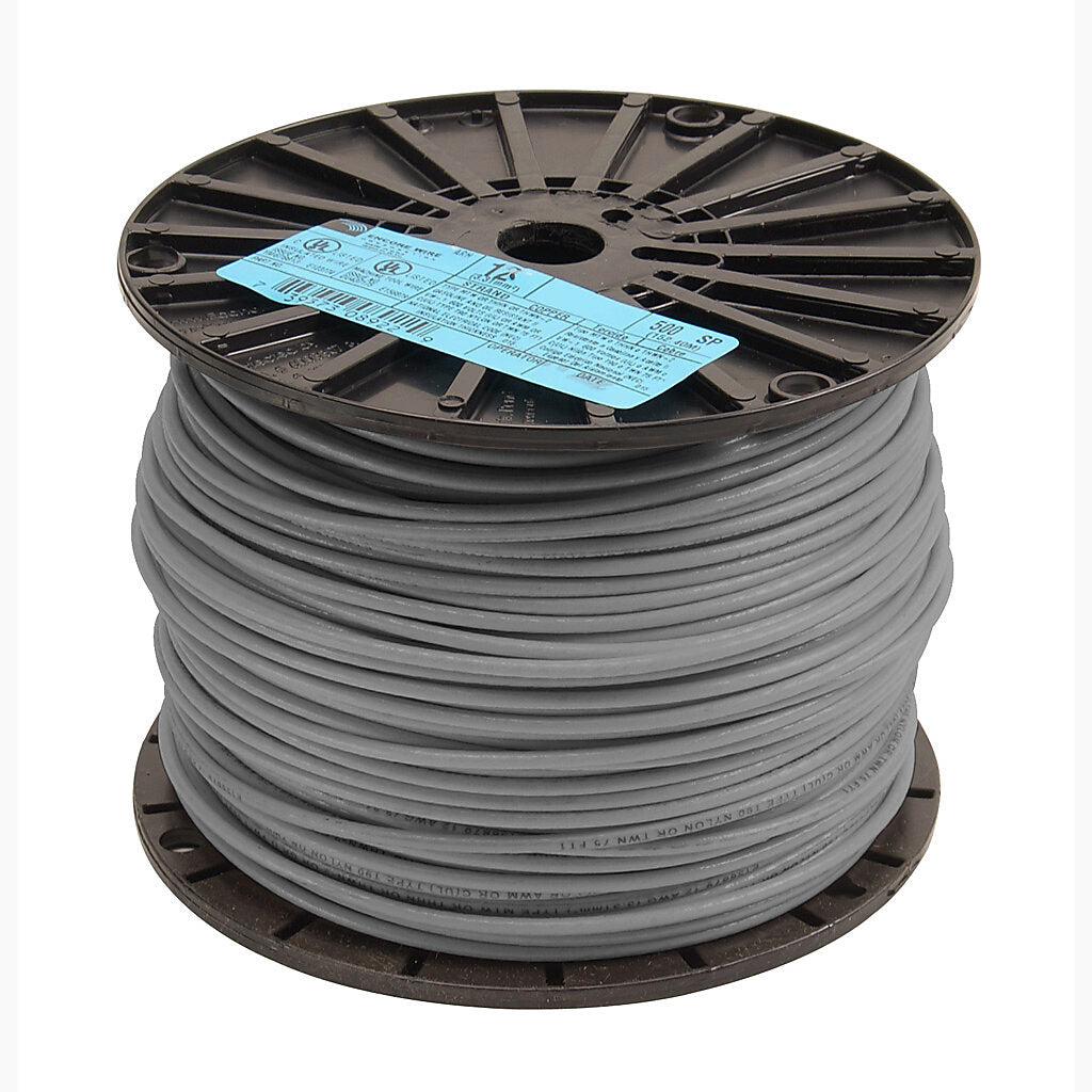 Atlas Wire THHN building wire, single conductor, 12 AWG, 19-stranded, bare copper, PVC conductor insulation material, gray, nylon jacket, clear, 600V, 500ft spool.-THHN12GY