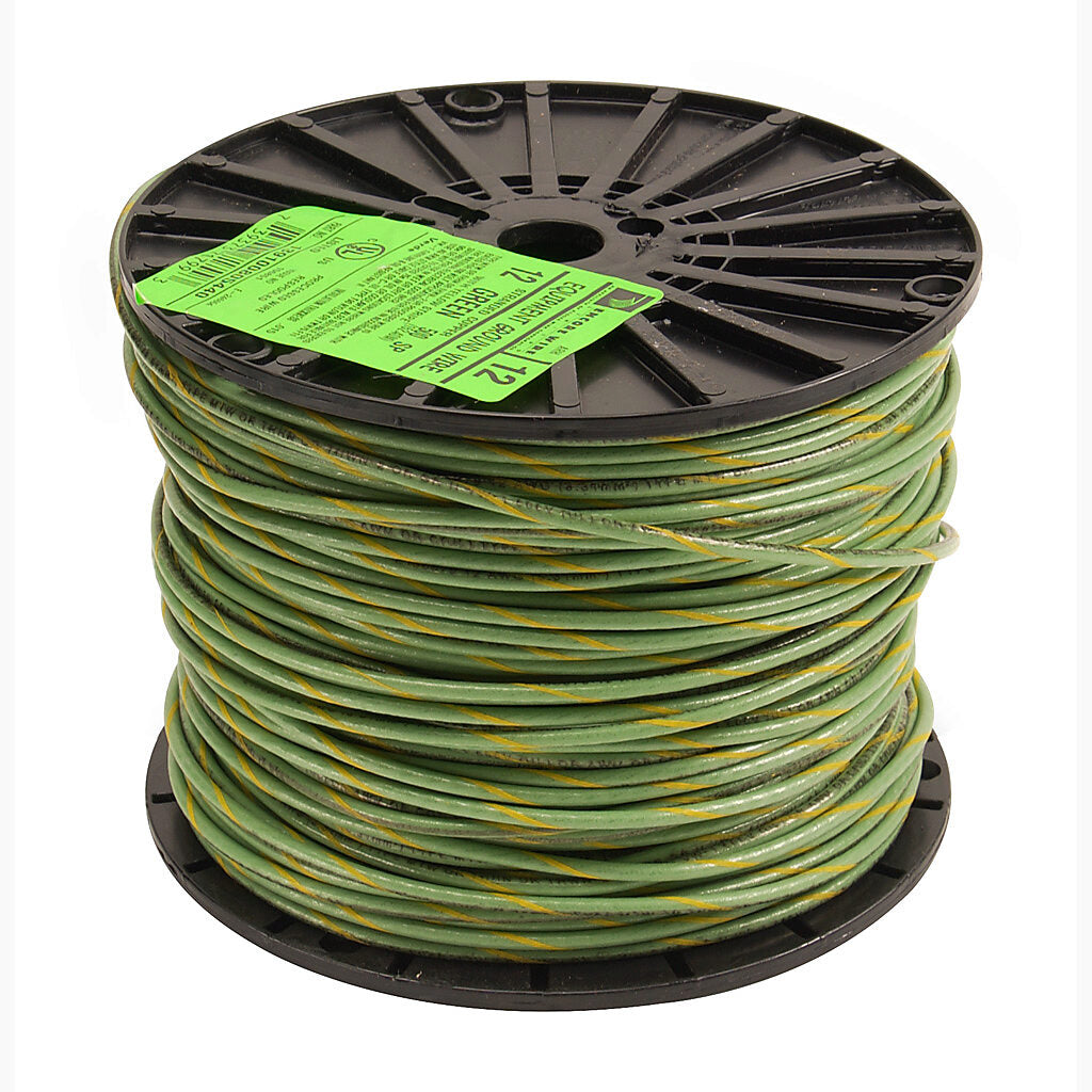 Atlas Wire THHN building wire, single conductor, 12 AWG, 19-stranded, bare copper, PVC conductor insulation material, green with yellow stripe, nylon jacket, clear, 600V, 500ft spool.-THHN12GYL