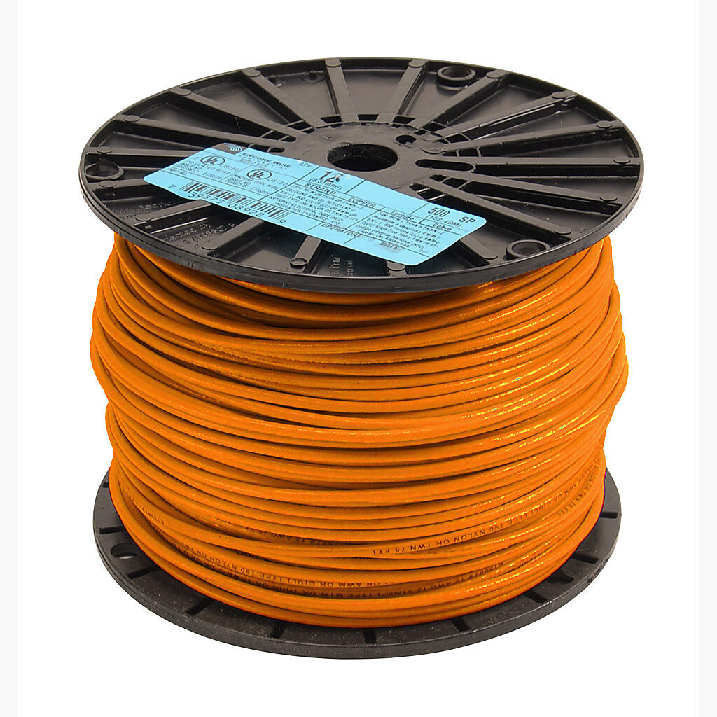 Atlas Wire THHN building wire, single conductor, 12 AWG, 19-stranded, bare copper, PVC conductor insulation material, orange, nylon jacket, clear, 600V, 500ft spool.-THHN12OR