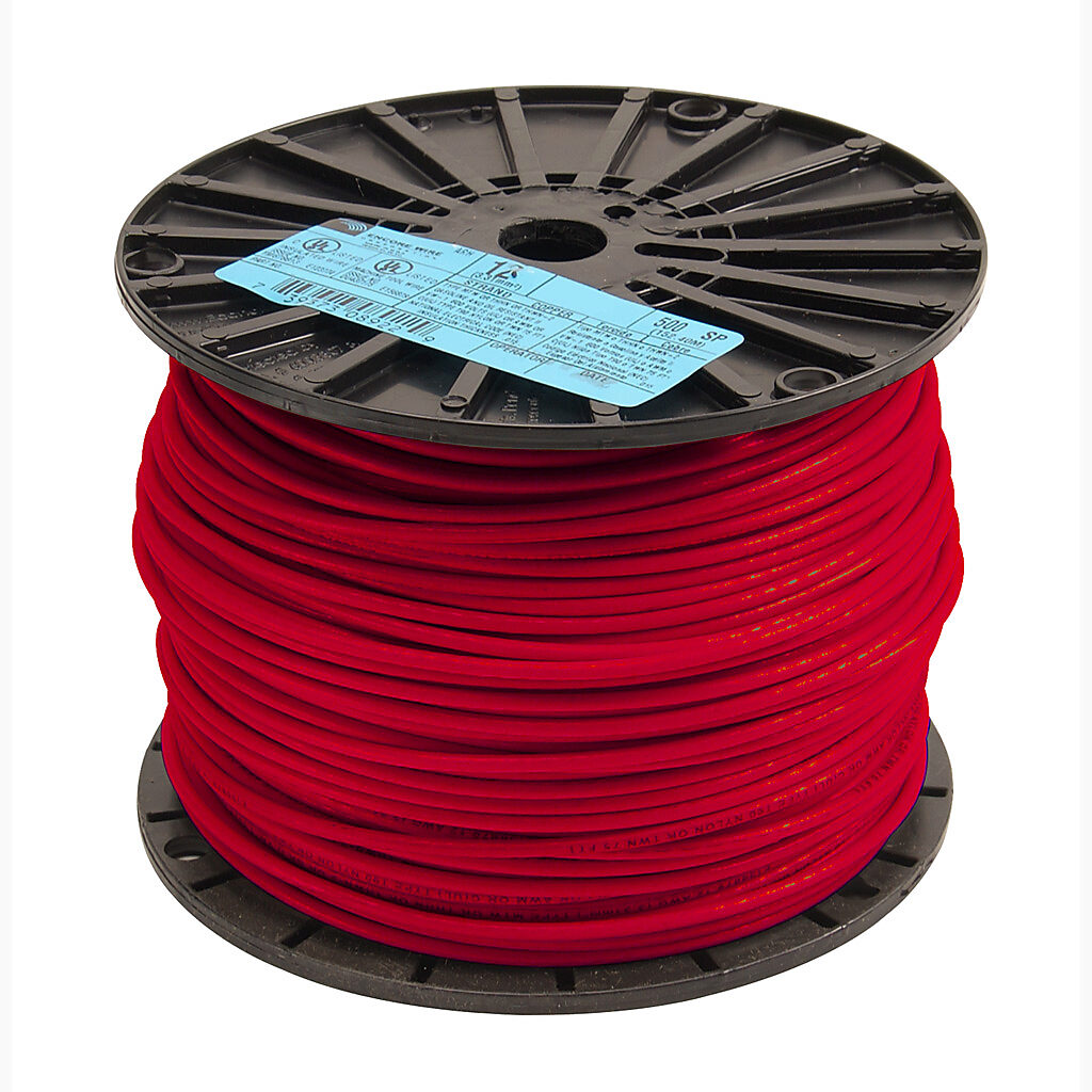 Atlas Wire THHN building wire, single conductor, 12 AWG, 19-stranded, bare copper, PVC conductor insulation material, red, nylon jacket, clear, 600V, 500ft spool.-THHN12RD