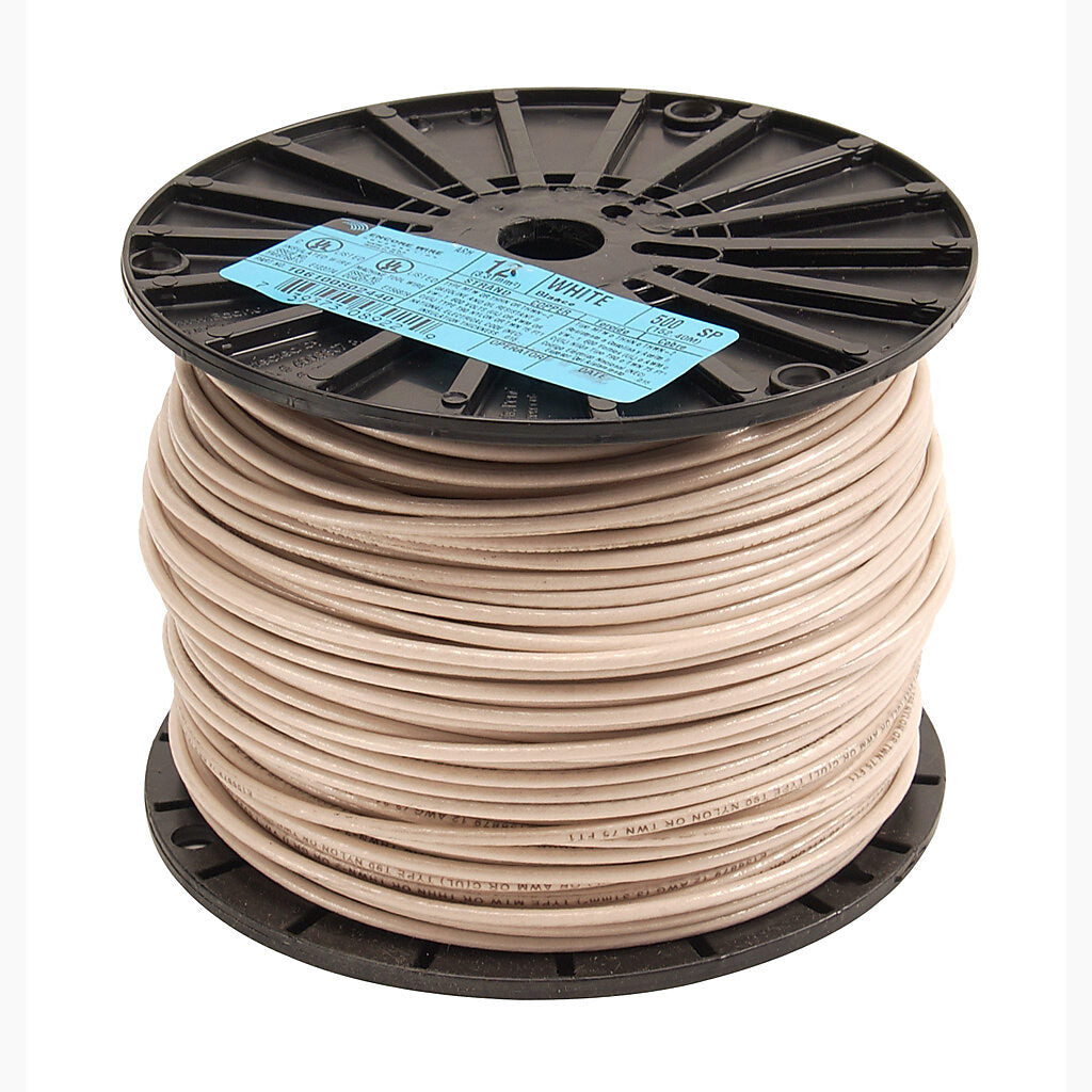 Atlas Wire THHN building wire, single conductor, 12 AWG, 19-stranded, bare copper, PVC conductor insulation material, white, nylon jacket, clear, 600V, 500ft spool.-THHN12WH