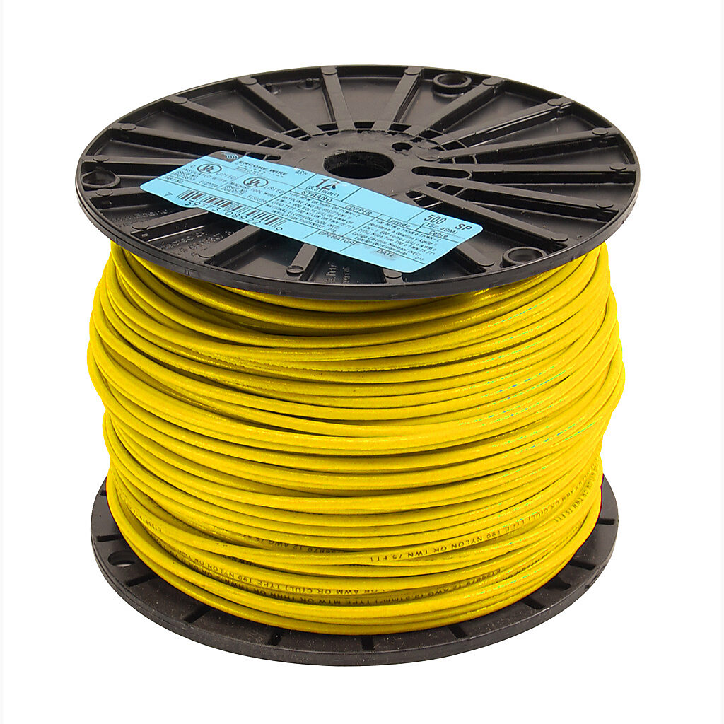 Atlas Wire THHN building wire, single conductor, 12 AWG, 19-stranded, bare copper, PVC conductor insulation material, yellow, nylon jacket, clear, 600V, 500ft spool.-THHN12YL