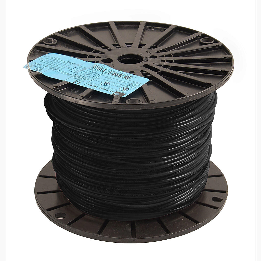 Atlas Wire THHN building wire, single conductor, 14 AWG, 19-stranded, bare copper, PVC conductor insulation material, black, nylon jacket, clear, 600V, 500ft spool.-THHN14BK