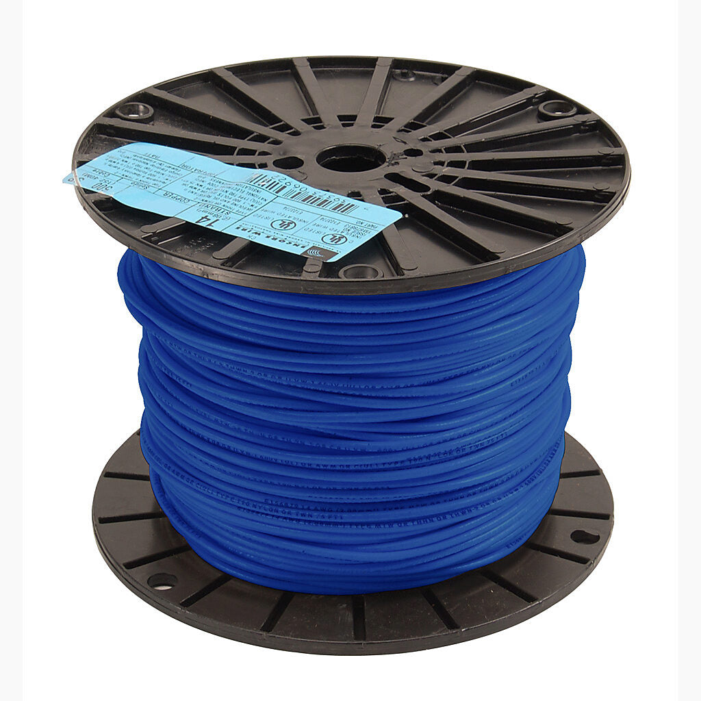 Atlas Wire THHN building wire, single conductor, 14 AWG, 19-stranded, bare copper, PVC conductor insulation material, blue, nylon jacket, clear, 600V, 500ft spool.-THHN14BL