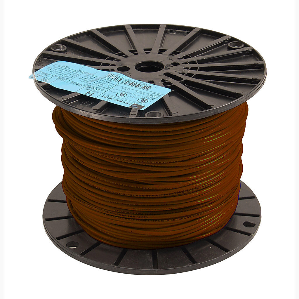 Atlas Wire THHN building wire, single conductor, 14 AWG, 19-stranded, bare copper, PVC conductor insulation material, brown, nylon jacket, clear, 600V, 500ft spool.-THHN14BN