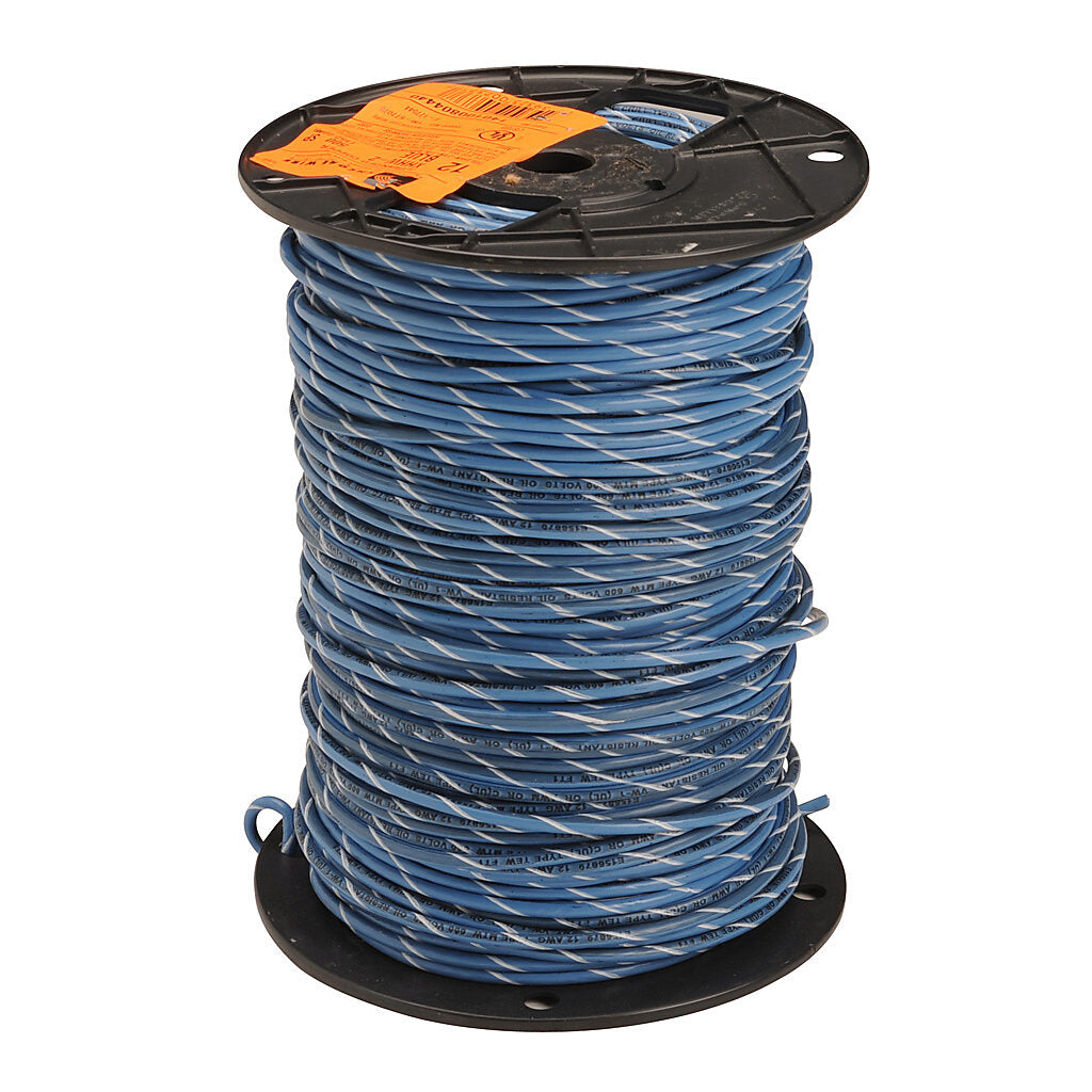 Atlas Wire THHN building wire, single conductor, 14 AWG, 19-stranded, bare copper, PVC conductor insulation material, blue with white stripe, nylon jacket, clear, 600V, 500ft spool.-THHN14BW