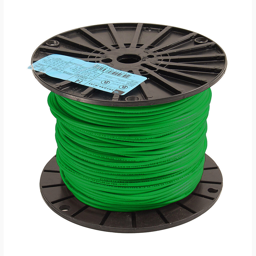 Atlas Wire THHN building wire, single conductor, 14 AWG, 19-stranded, bare copper, PVC conductor insulation material, green, nylon jacket, clear, 600V, 500ft spool.-THHN14GN