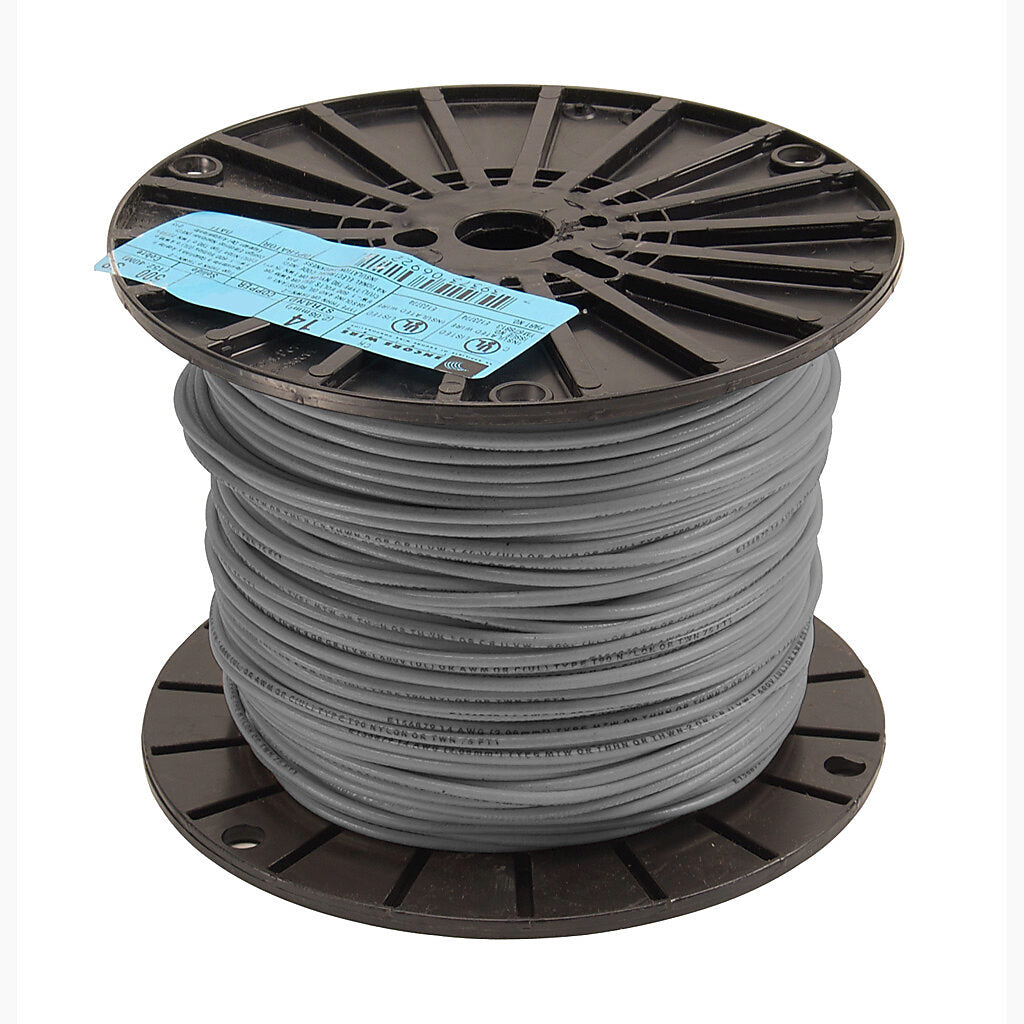 Atlas Wire THHN building wire, single conductor, 14 AWG, 19-stranded, bare copper, PVC conductor insulation material, gray, nylon jacket, clear, 600V, 500ft spool.-THHN14GY