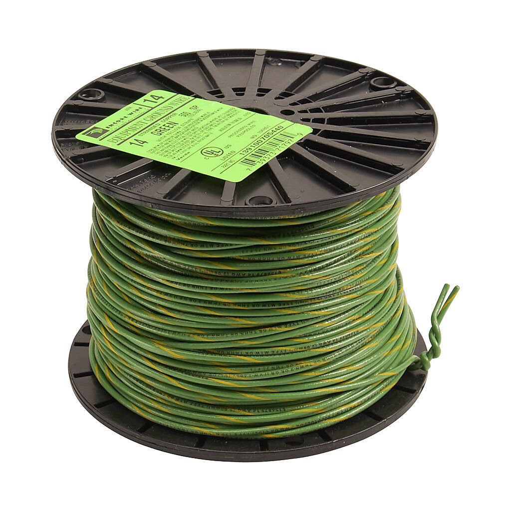 Atlas Wire THHN building wire, single conductor, 14 AWG, 19-stranded, bare copper, PVC conductor insulation material, green with yellow stripe, nylon jacket, clear, 600V, 500ft spool.-THHN14GYL