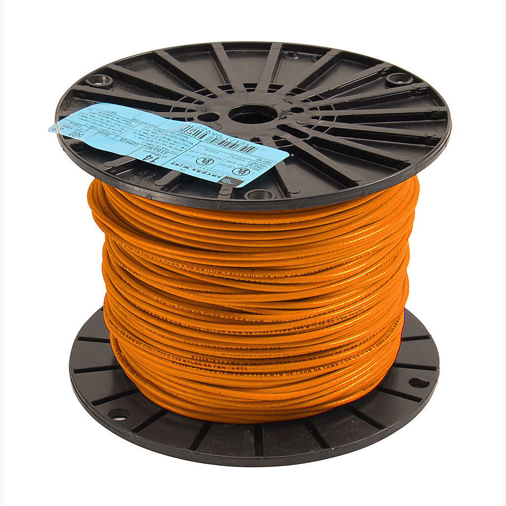 Atlas Wire THHN building wire, single conductor, 14 AWG, 19-stranded, bare copper, PVC conductor insulation material, orange, nylon jacket, clear, 600V, 500ft spool.-THHN14OR