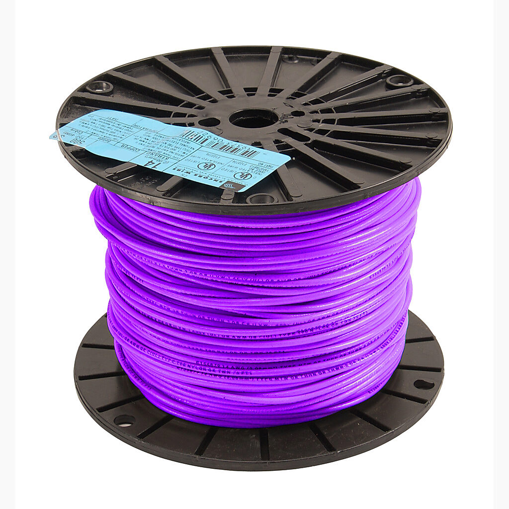 Atlas Wire THHN building wire, single conductor, 14 AWG, 19-stranded, bare copper, PVC conductor insulation material, purple, nylon jacket, clear, 600V, 500ft spool.-THHN14PL