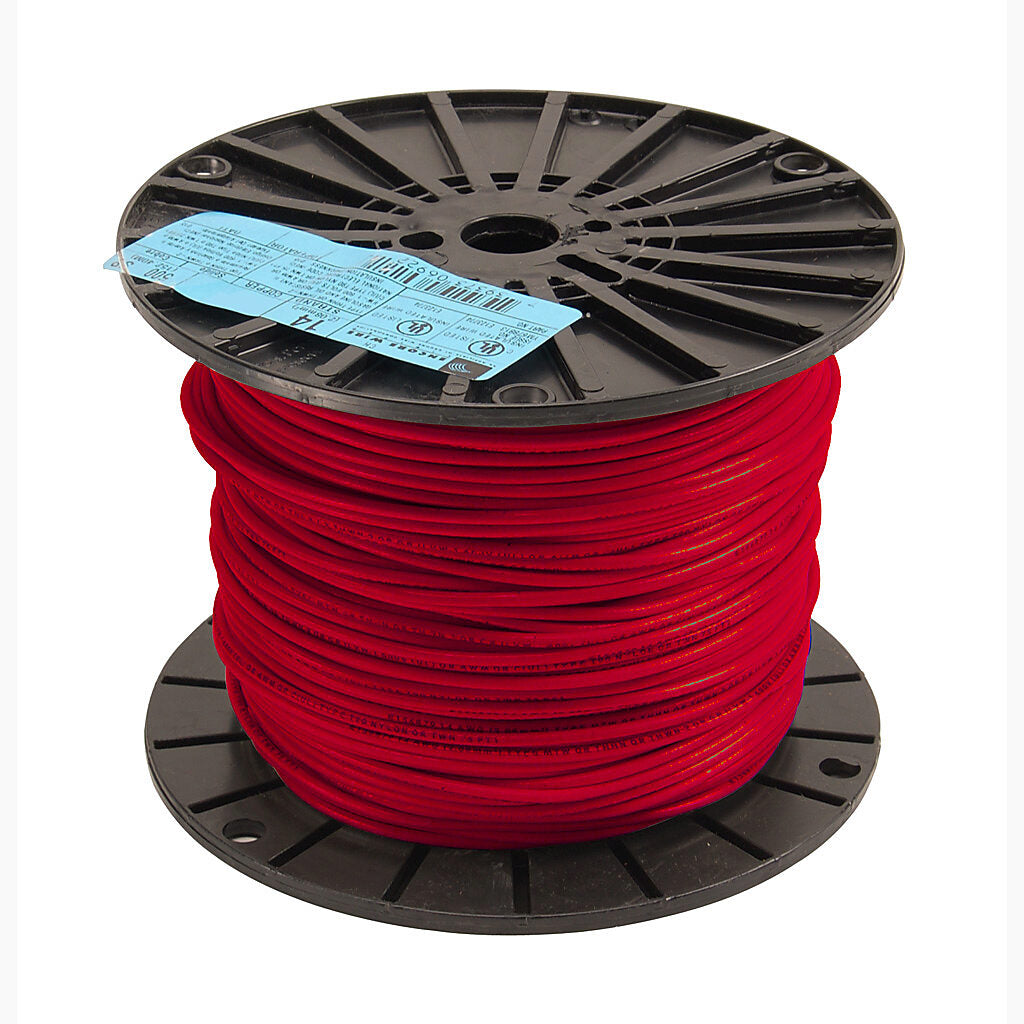 Atlas Wire THHN building wire, single conductor, 14 AWG, 19-stranded, bare copper, PVC conductor insulation material, red, nylon jacket, clear, 600V, 500ft spool.-THHN14RD