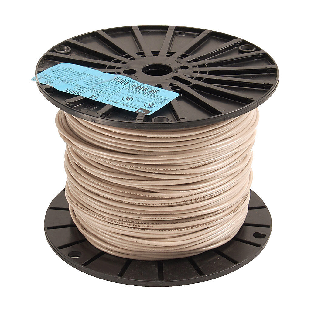 Atlas Wire THHN building wire, single conductor, 14 AWG, 19-stranded, bare copper, PVC conductor insulation material, white, nylon jacket, clear, 600V, 500ft spool.-THHN14WH