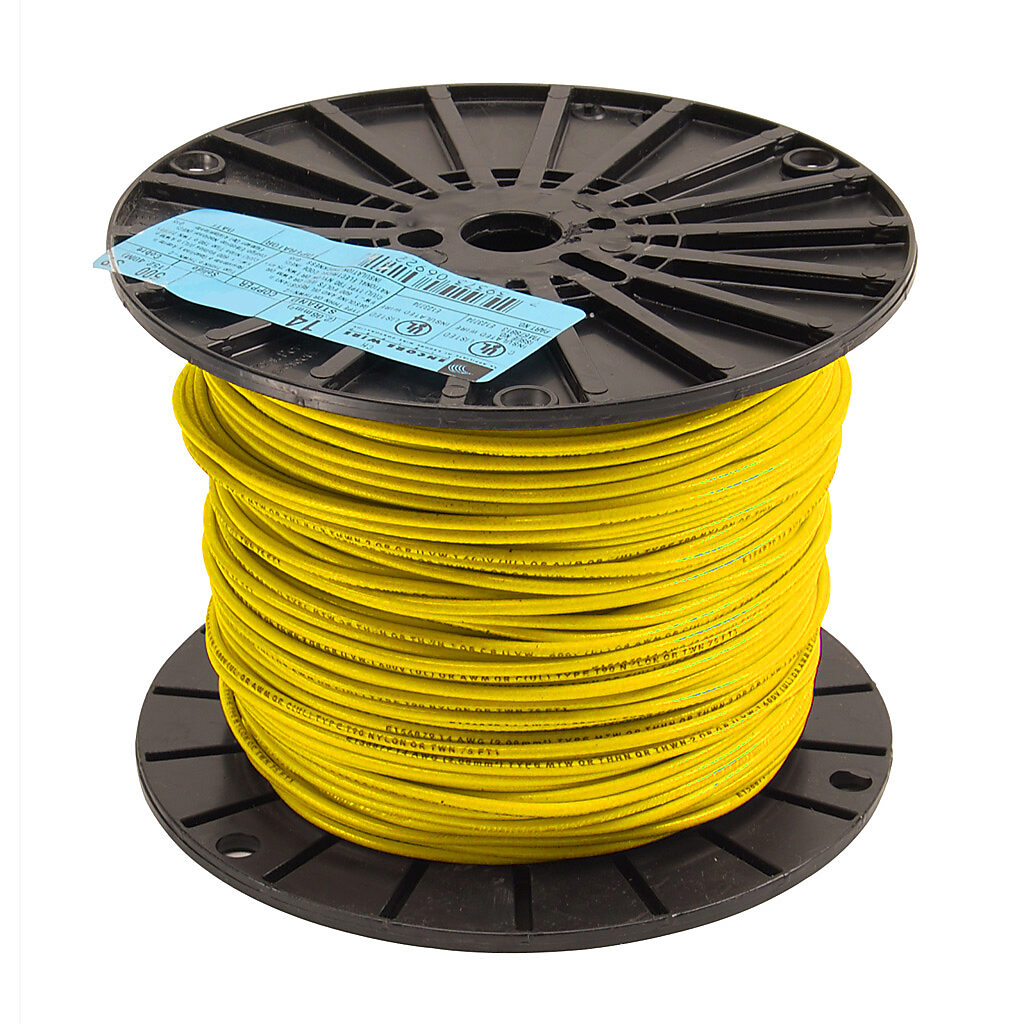 Atlas Wire THHN building wire, single conductor, 14 AWG, 19-stranded, bare copper, PVC conductor insulation material, yellow, nylon jacket, clear, 600V, 500ft spool.-THHN14YL