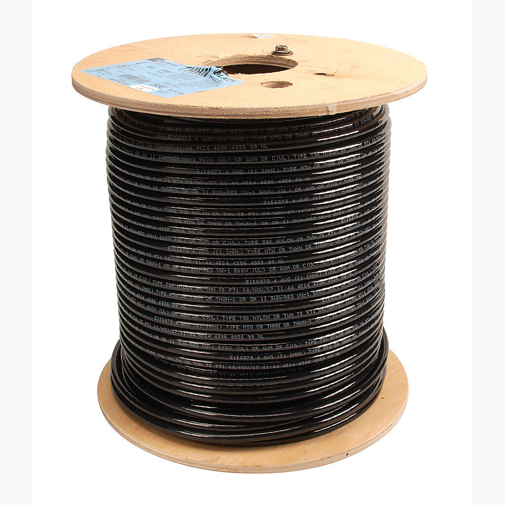 Atlas Wire THHN building wire, single conductor, 4 AWG, 19-stranded, bare copper, PVC conductor insulation material, black, nylon jacket, clear, 600V, 500ft reel.-THHN4BK