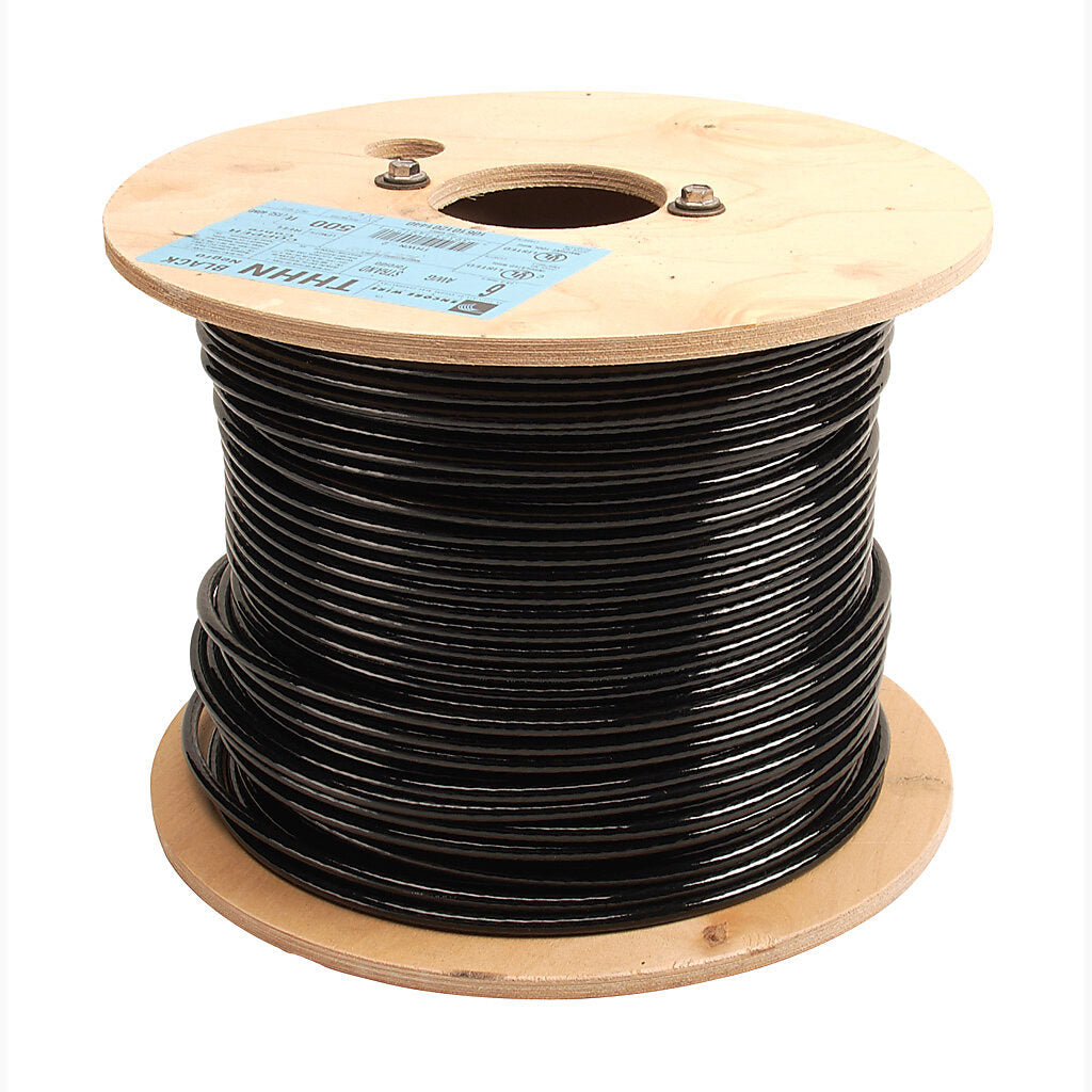 Atlas Wire THHN building wire, single conductor, 6 AWG, 19-stranded, bare copper, PVC conductor insulation material, black, nylon jacket, clear, 600V, 500ft reel.-THHN6BK