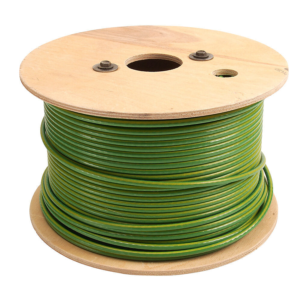 Atlas Wire THHN building wire, single conductor, 8 AWG, 19-stranded, bare copper, PVC conductor insulation material, green with yellow stripe, nylon jacket, clear, 600V, 500ft reel.-THHN8GYL