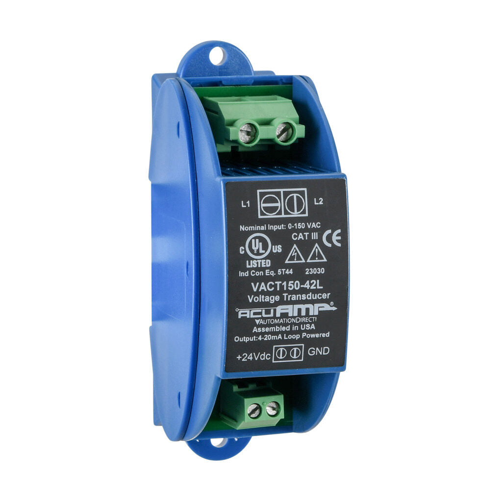 AcuAMP AC voltage transducer, 1-phase, 0-150 VAC sensing range, True RMS, 4-20 mA output, 22-40 VDC operating voltage.-VACT150-42L
