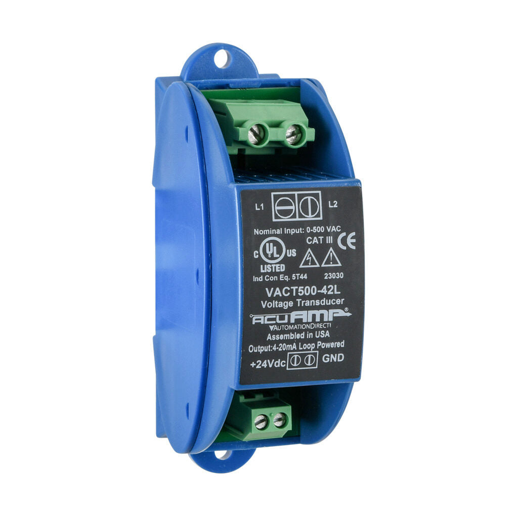 AcuAMP AC voltage transducer, 1-phase, 0-500 VAC sensing range, True RMS, 4-20 mA output, 22-40 VDC operating voltage.-VACT500-42L