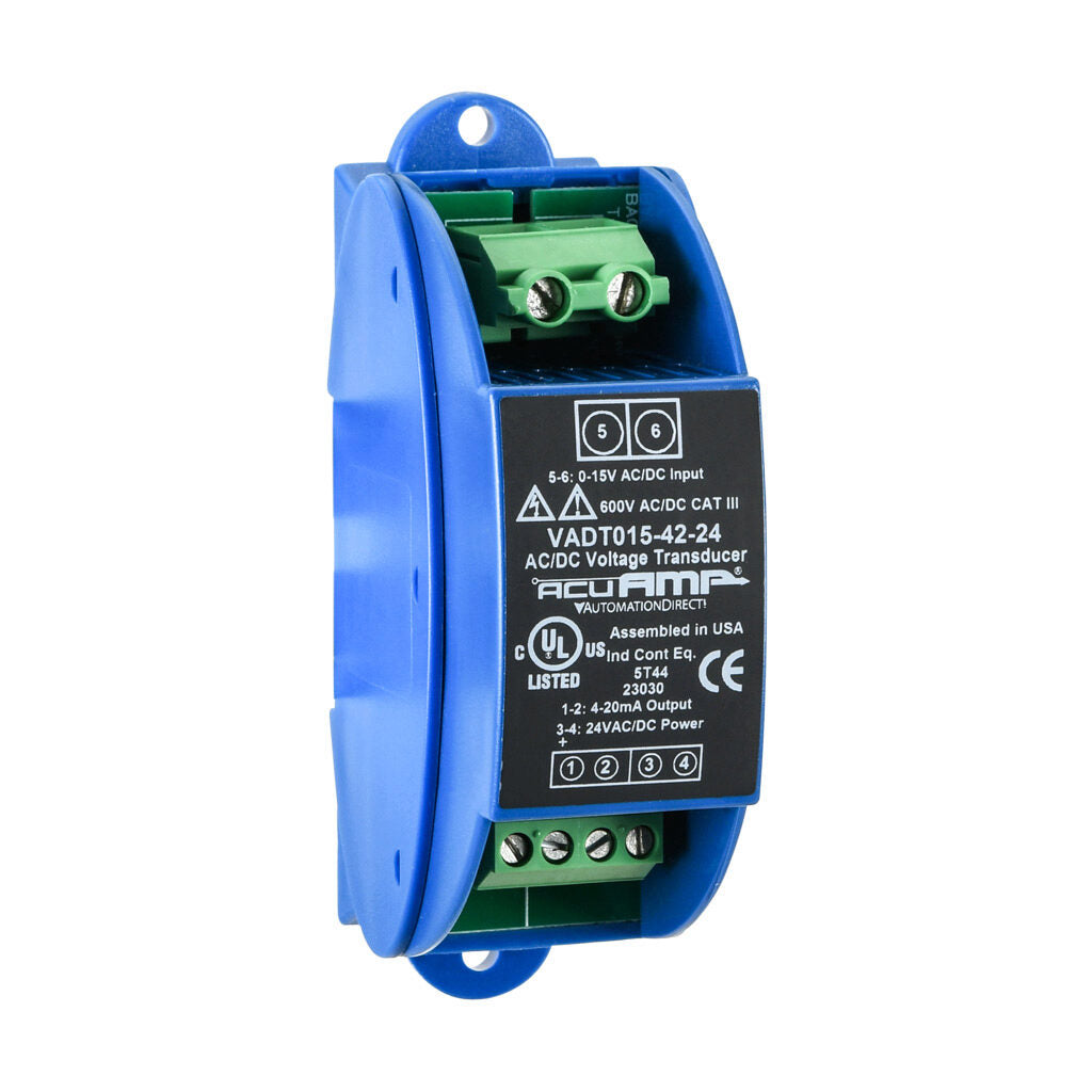 AcuAMP AC/DC voltage transducer, 1-phase, 0-15 VAC/VDC sensing range, True RMS, 4-20 mA output, 24 VAC/VDC operating voltage.-VADT015-42-24