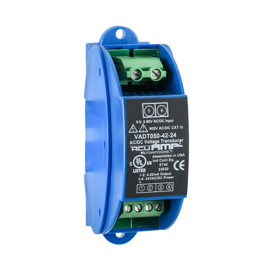 AcuAMP AC/DC voltage transducer, 1-phase, 0-50 VAC/VDC sensing range, True RMS, 4-20 mA output, 24 VAC/VDC operating voltage.-VADT050-42-24