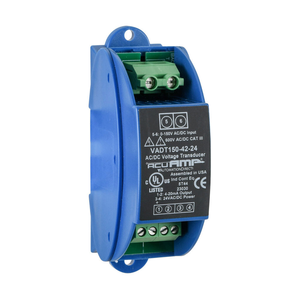 AcuAMP AC/DC voltage transducer, 1-phase, 0-150 VAC/VDC sensing range, True RMS, 4-20 mA output, 24 VAC/VDC operating voltage.-VADT150-42-24