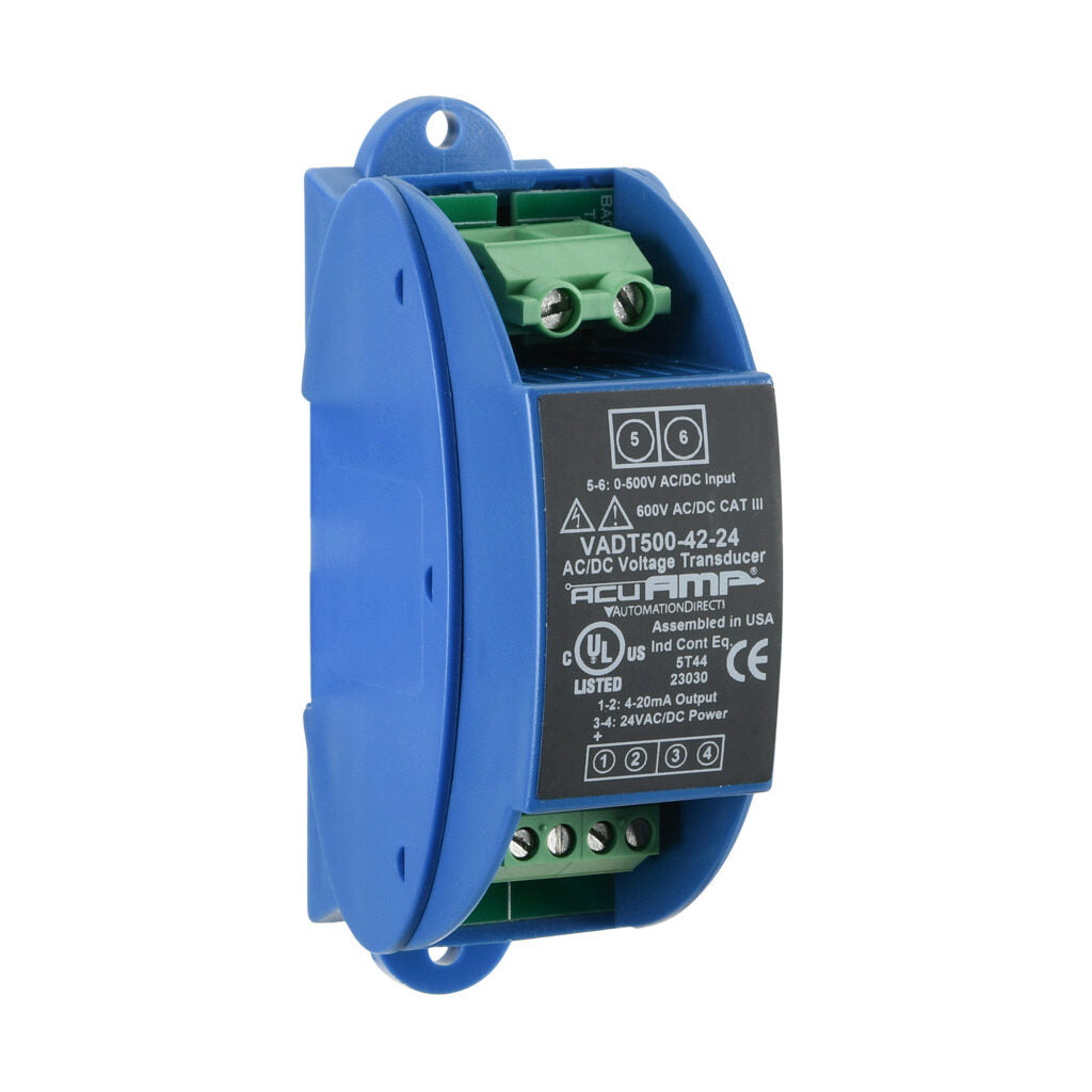 AcuAMP AC/DC voltage transducer, 1-phase, 0-500 VAC/VDC sensing range, True RMS, 4-20 mA output, 24 VAC/VDC operating voltage.-VADT500-42-24