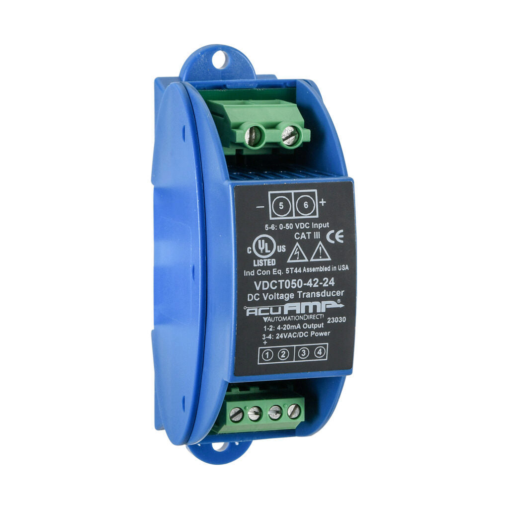 AcuAMP DC voltage transducer, 0-50 VDC sensing range, 4-20 mA output, 24 VAC/VDC operating voltage.-VDCT050-42-24