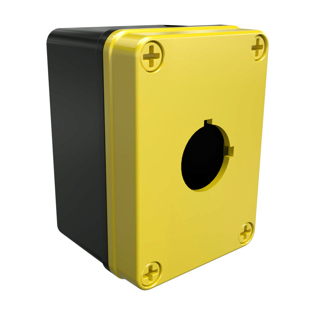AttaBox Commander series pushbutton enclosure, 1 hole, 30mm, NEMA 1/3R/4X/6P/12, 4 x 3 x 2in (HxWxD), polycarbonate, yellow cover/black body, screw cover.-YW-COPC1PB