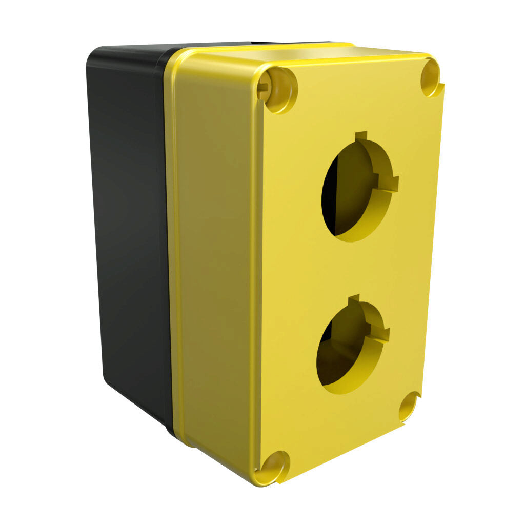 AttaBox Commander series pushbutton enclosure, 2 holes, 30mm, NEMA 1/3R/4X/6P/12, 5 x 3 x 3in (HxWxD), polycarbonate, yellow cover/black body, screw cover.-YW-COPC2PB