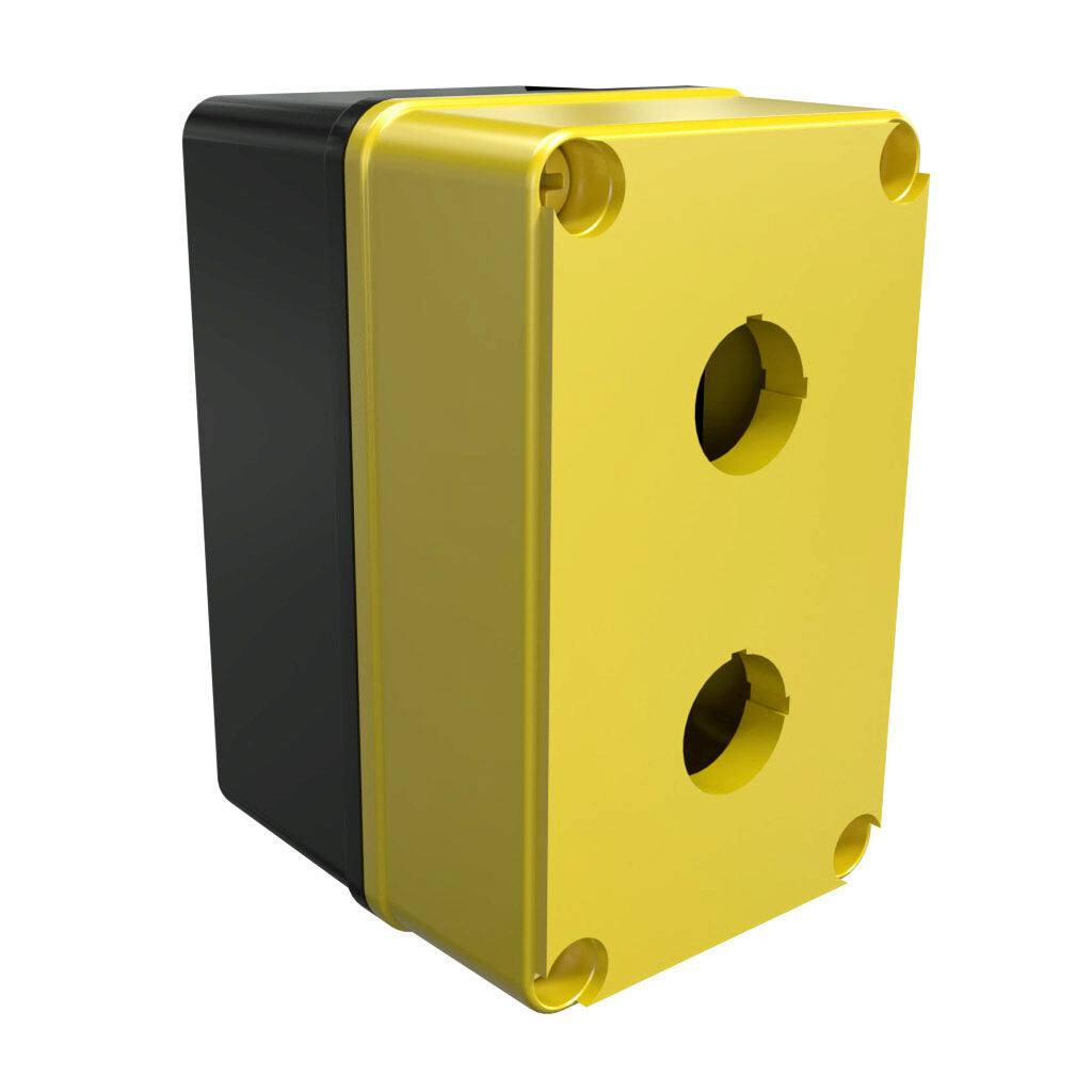 AttaBox Commander series pushbutton enclosure, 2 holes, 22mm, NEMA 1/3R/4X/6P/12, 5 x 3 x 3in (HxWxD), polycarbonate, yellow cover/black body, screw cover.-YW-COPC2PB22