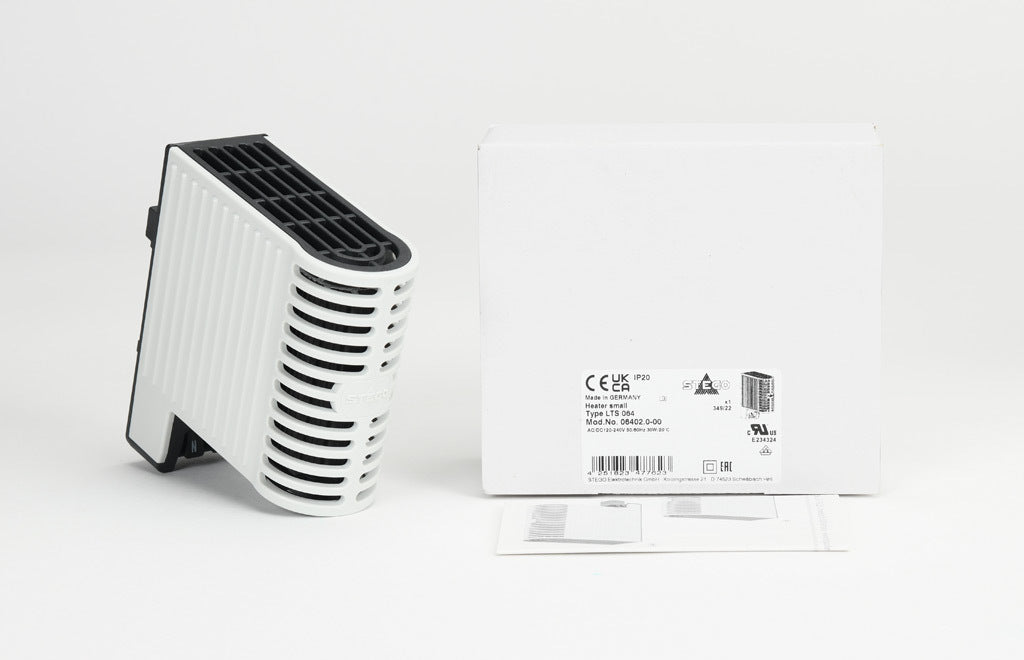 Stego enclosure heater, 30W heating capacity, touch-safe PTC resistor heating element, 120-240 VAC/VDC operating voltage, 50/60 Hz, 35mm DIN rail or panel mount.-06402.0-00