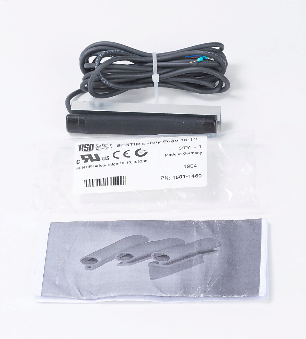 ASO Safety Solutions safety contact edge, 15 x 10mm, 4in length, pigtail, 8.2ft/2.5m cable length. Aluminum mounting rail included. Preassembled with 8.2k ohm resistor for 2-wire installation.-1501-1460
