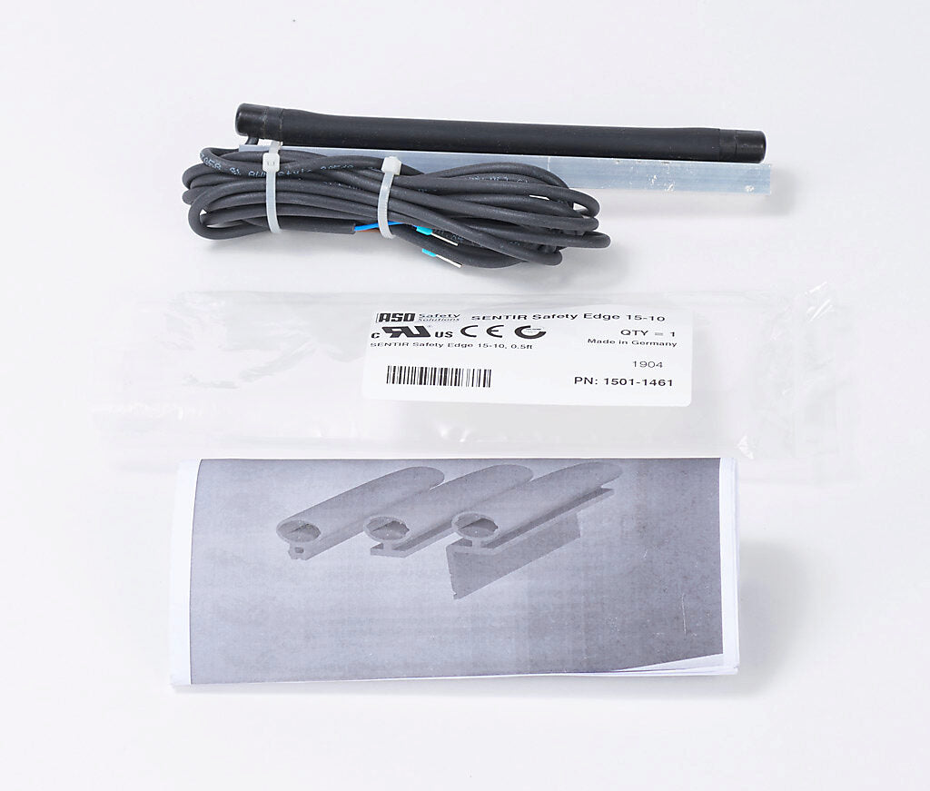 ASO Safety Solutions safety contact edge, 15 x 10mm, 6in length, pigtail, 8.2ft/2.5m cable length. Aluminum mounting rail included. Preassembled with 8.2k ohm resistor for 2-wire installation.-1501-1461