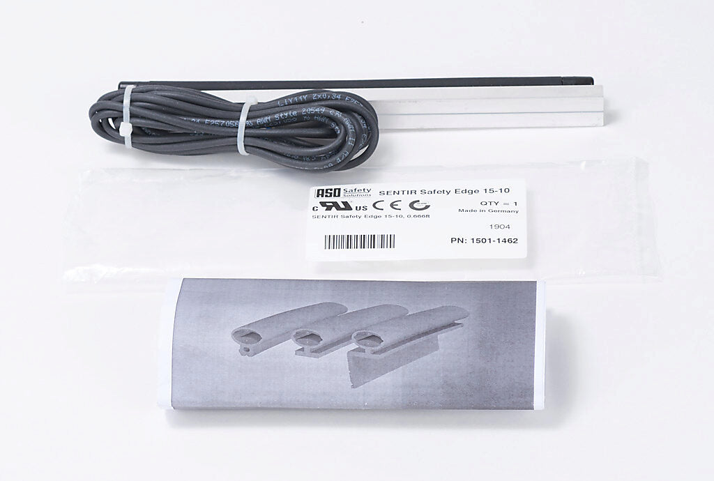 ASO Safety Solutions safety contact edge, 15 x 10mm, 8in length, pigtail, 8.2ft/2.5m cable length. Aluminum mounting rail included. Preassembled with 8.2k ohm resistor for 2-wire installation.-1501-1462